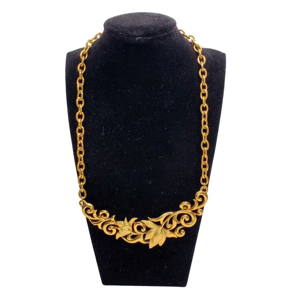 Floral Abstract Statement Link Chain Gold Tone Necklace 16" Unsigned Vtg